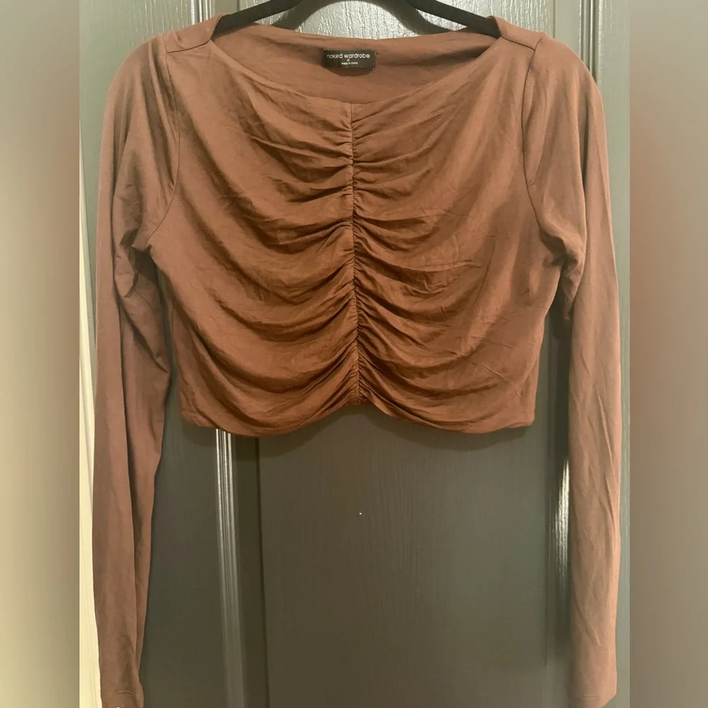 Naked Wardrobe Ruched Cropped Long Sleeve Top | Chocolate Brown | XL | NWOT